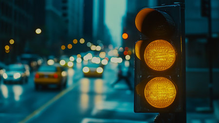 A captivating view of a yellow traffic light glowing amidst a rainy urban setting. The soft bokeh effect creates a dreamy atmosphere, highlighting city life.の素材