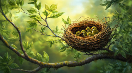 A serene image of a nest with adorable chicks resting on a branch amidst lush greenery, capturing the beauty and tranquility of nature in springtime.の素材