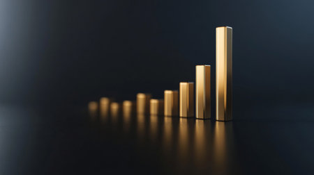 A striking golden bar graph set against a dark background, symbolizing financial growth and success. This visual representation is ideal for financial and business concepts.の素材