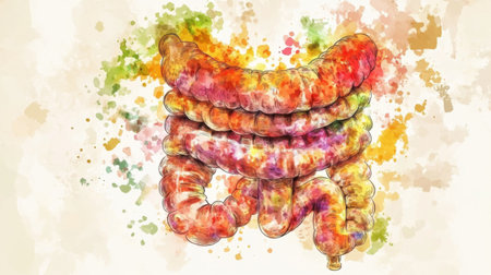 This colorful illustration of the human intestine features a vibrant watercolor style, ideal for educational materials related to anatomy and health.の素材