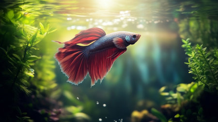 A stunning betta fish glides gracefully through a vibrant aquatic habitat, showcasing vivid colors against lush green plants in fresh water.の素材