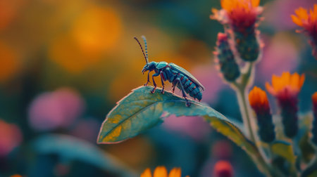 This captivating image features a colorful insect perched on a green leaf, surrounded by vibrant flowers. The soft bokeh creates a serene backdrop, perfect for nature enthusiasts.の素材