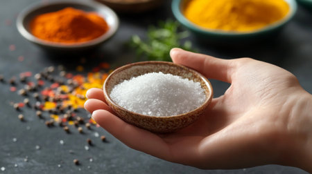 A hand holds a bowl filled with white salt, surrounded by colorful spices. The image captures the essence of culinary artistry and diverse flavors in cooking.の素材