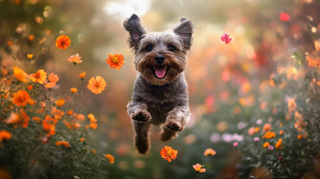 A joyful dog leaps gracefully amidst a vibrant field of colorful flowers. The lively scene embodies happiness, freedom, and the beauty of nature. Perfect for animal lovers!の素材