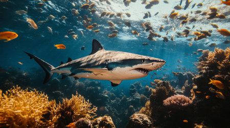 A stunning shark glides gracefully through vibrant waters filled with colorful fish and corals, showcasing marine biodiversity and the beauty of underwater ecosystems.の素材