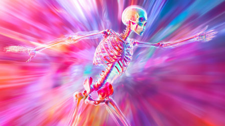 A vibrant skeleton appears to be in motion, surrounded by an abstract background of vivid colors and light effects. This striking image captures the essence of energy and creativity.の素材
