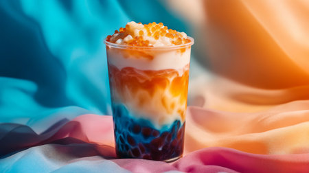 A vibrant and colorful dessert drink served in a transparent cup, placed elegantly on a flowing fabric backdrop. The layered texture and refreshing look promise a tasty indulgence.の素材