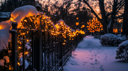 A picturesque snowy pathway adorned with twinkling lights, creating a magical winter scene at dusk. The serene atmosphere invites tranquility and beauty.の素材