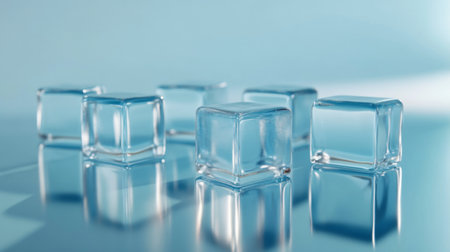 A beautiful arrangement of clear ice cubes resting on a smooth surface. The soft blue background enhances the elegant look, perfect for beverage presentations.の素材