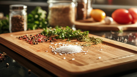 A rustic wooden cutting board showcases fresh herbs and salt, perfect for enhancing flavors in cooking. Experience vibrant colors and textures.の素材
