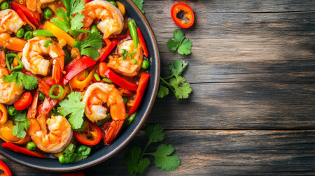 Colorful shrimp stir-fry featuring fresh vegetables and herbs, beautifully arranged in a bowl. A perfect blend of flavors and textures on a rustic wooden table.の素材