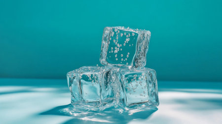 Three clear ice cubes with visible bubbles rest on an aqua background. The image captures the refreshing essence of cold drinks, ideal for summer themes.の素材