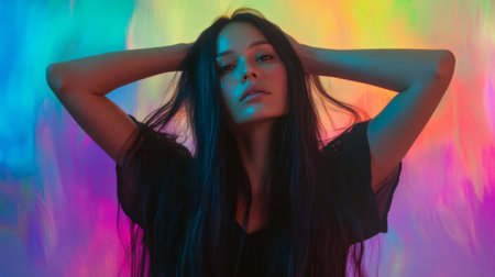 A striking portrait of a woman with long hair against a vibrant, colorful background, exuding confidence and artistic flair. Perfect for fashion or beauty themes.の素材