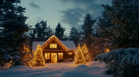 A charming winter cabin adorned with Christmas lights, nestled in a serene, snowy forest. The glowing exterior creates a magical holiday atmosphere.の素材