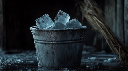 A vintage metal bucket filled with clear ice cubes resting on a dark surface. The frosty cubes create a refreshing contrast, perfect for winter themes.の素材