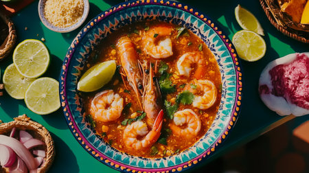 A vibrant shrimp dish adorned with fresh herbs and lime, perfect for summer gatherings. This colorful presentation highlights culinary creativity and flavor.の素材