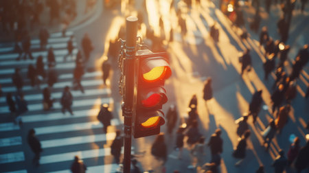 A vibrant urban scene featuring a red traffic light above a busy pedestrian crosswalk. The image captures the dynamic movement of people under the warm glow of sunlight.の素材