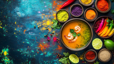A vibrant arrangement featuring shrimp in a bowl, surrounded by colorful spices and herbs. This captivating scene invites culinary creativity and flavor exploration.の素材