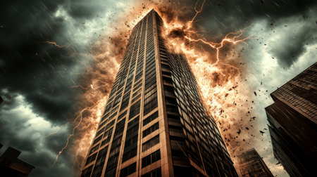 A towering skyscraper stands against a backdrop of dark clouds and striking lightning, capturing the raw power and drama of an impending storm in an urban setting.の素材