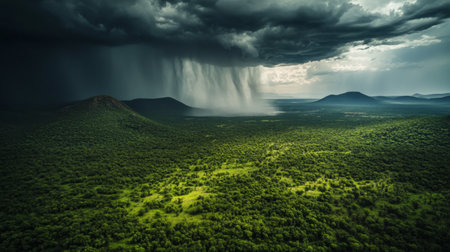 Captivating view of a stormy sky unleashing rain over a vibrant green landscape, framed by distant mountains. This scene showcases nature's beauty.の素材