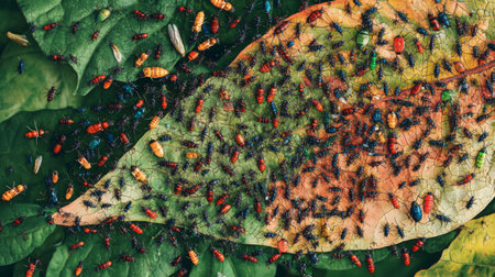 A mesmerizing close-up image showcasing a variety of colorful ants crawling over vibrant green and brown leaves, highlighting nature's intricate ecosystem.の素材