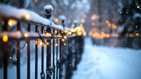 A picturesque winter scene featuring a snow-covered fence adorned with glowing lights, creating a warm and inviting atmosphere on a tranquil snowy path.の素材