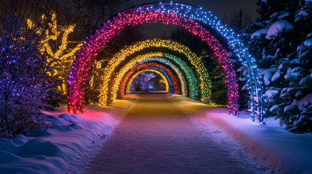 Experience a magical winter pathway adorned with vibrant lights and a fresh blanket of snow, creating a serene and inviting atmosphere for festive celebrations.の素材