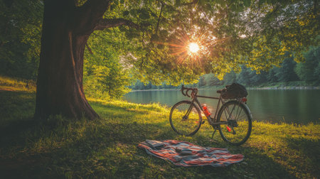 A peaceful scene featuring a bicycle beside a tranquil lake at sunset. The cozy blanket on the grass invites relaxation and outdoor enjoyment.の素材
