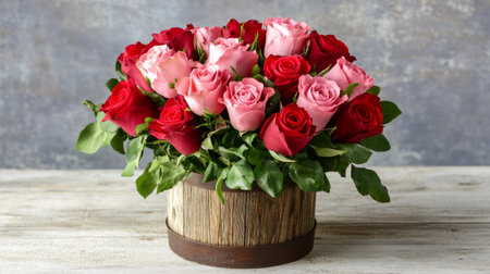 This beautiful floral arrangement features vibrant red and pink roses in a rustic wooden vase, perfect for adding a touch of elegance to any setting.の素材