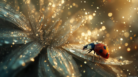 A stunning close-up of a colorful ladybug perched on a dew-covered petal. The background sparkles with a magical bokeh effect, creating a serene atmosphere in nature.の素材