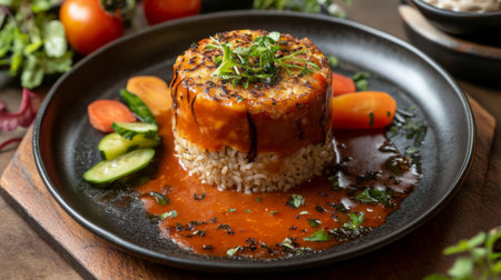 A beautifully crafted dish featuring rice, vibrant vegetables, and a rich sauce. Ideal for showcasing gourmet culinary creations in food photography.の素材