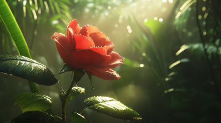 A stunning close-up of a vibrant red rose with raindrops resting on its petals, surrounded by lush greenery in a tranquil forest setting, capturing nature's beauty.の素材