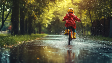 A cheerful child wearing a bright raincoat and helmet rides a bicycle through puddles, creating splashes in a lush outdoor setting filled with trees.の素材