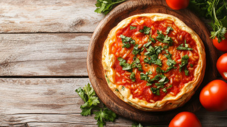 This enticing image showcases a delicious homemade pizza topped with fresh herbs and tomatoes, presented beautifully on a rustic wooden board. Perfect for culinary inspiration.の素材