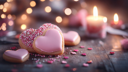 Delight in heart-shaped cookies adorned with pink icing and sprinkles, beautifully arranged on a wooden table. Soft candlelight and bokeh create a cozy, romantic atmosphere.の素材