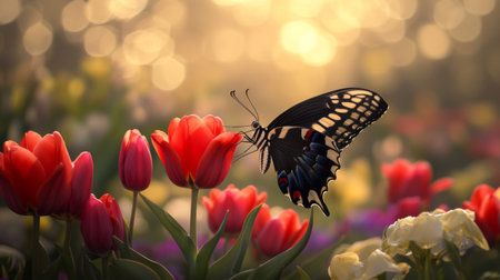 A stunning butterfly gracefully rests on bright red tulips, capturing the essence of spring. The soft glow of sunlight enhances the vibrant colors, creating a serene moment in nature.の素材