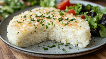 A tempting baked rice dish served alongside a fresh salad, showcasing vibrant colors and a balanced meal. Ideal for health-conscious food lovers.の素材