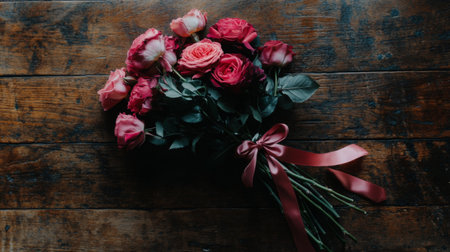 A stunning bouquet of pink and red roses tied with a ribbon, resting on textured wood. Perfect for romantic occasions, weddings, or home decor.の素材