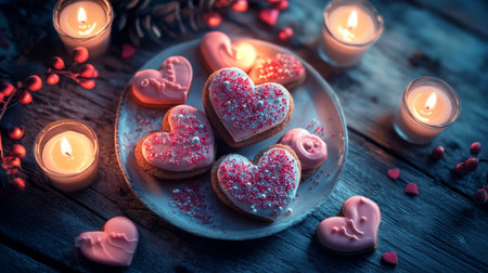 This enchanting image captures heart-shaped cookies adorned with pink frosting and sprinkles, surrounded by soft candlelight. Perfect for Valentine's Day or romantic occasions.の素材