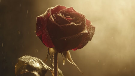 A stunning close-up of a red rose adorned with water droplets, set against a dramatic dark background. The soft petals reflect light, conveying beauty.の素材