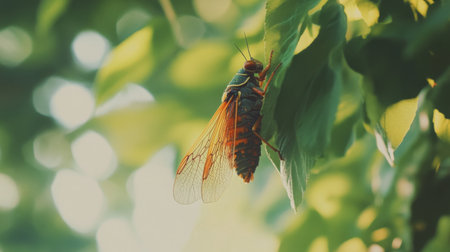A striking close-up image of a cicada perched on a lush green leaf, showcasing its vibrant colors and delicate wings in soft natural light.の素材