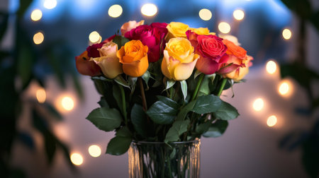 A stunning bouquet of vibrant roses in a glass vase, surrounded by soft bokeh lights. Perfect for celebrations, gifts, or home decoration to evoke joy.の素材