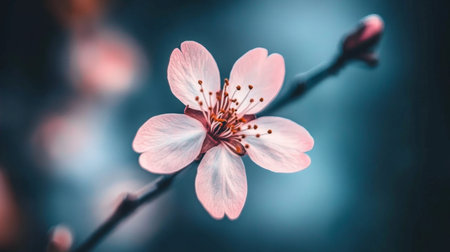 A stunning close-up of a pink cherry blossom, featuring soft petals and vivid details, set against a calming blue background, perfect for nature themes.の素材