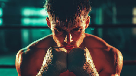 A muscular male boxer intensely focuses in the ring, showcasing determination and strength. The dramatic lighting enhances the atmosphere of resilience and athleticism.の素材