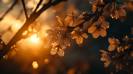 A stunning close-up of cherry blossoms at sunset, showcasing dew drops glistening on delicate petals. This enchanting image captures the beauty of nature.の素材