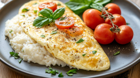 A delicious omelette served over fluffy rice, garnished with fresh basil and cherry tomatoes, offering a colorful presentation ideal for meals or recipes.の素材