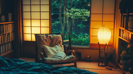 A cozy Japanese-inspired room featuring a comfortable chair, warm lighting, and serene natural views, perfect for relaxation and reading in a tranquil setting.の素材