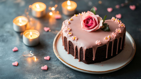 A heart-shaped chocolate cake adorned with pink icing, rose, and decorative elements, surrounded by soft candlelight, perfect for a romantic celebration.の素材