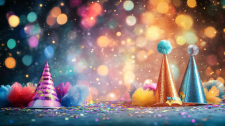 Bright and colorful party hats with fluffy pom poms set against a shimmering bokeh background, perfect for celebrating joyful moments and festive gatherings.の素材