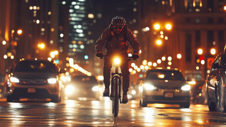 A determined cyclist navigates a bustling urban street at night, illuminated by the glow of city lights and car headlights. The scene captures the energy and movement of city life.の素材